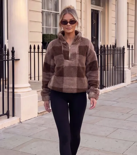 AX Paris Women's Light Brown Checked Quarter Zip Teddy Sweatshirt