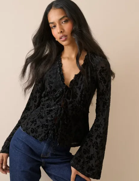 Nobody's Child Devore Tie Front Frill Detail Top Black