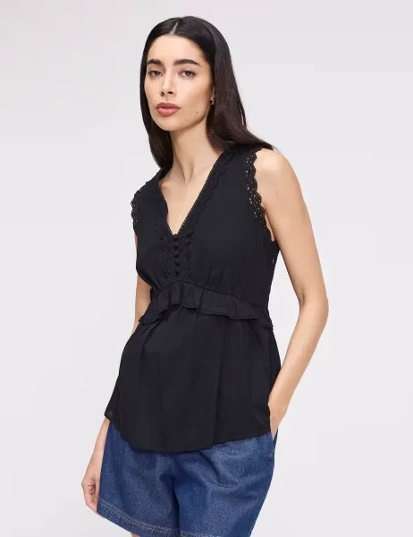 Finery London Pure Cotton V-Neck Lace Detail Peplum Top Black
