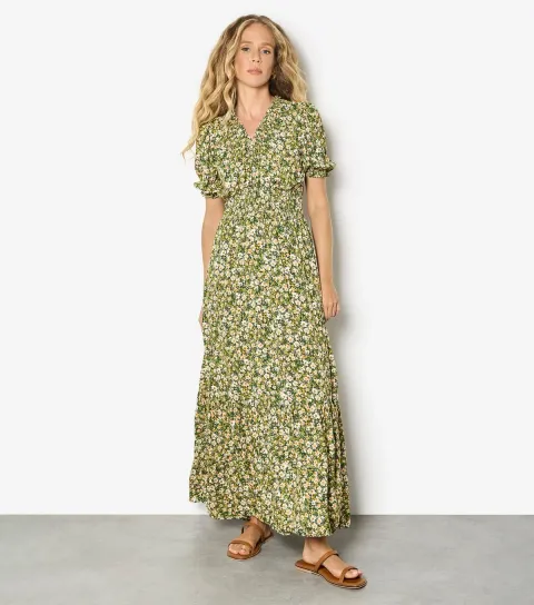 Women's Khaki Floral Print V-Neck Maxi Dress