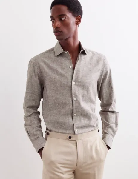 Jaeger Regular Fit Luxury Linen Cotton Shirt Light Brown