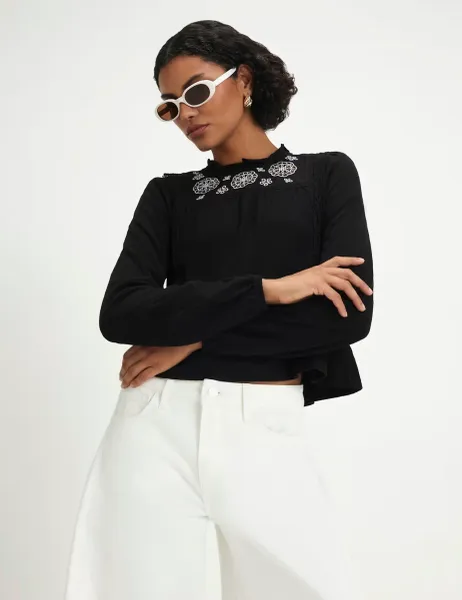 River Island Jersey Floral Broderie High Neck Blouse Black Mix
