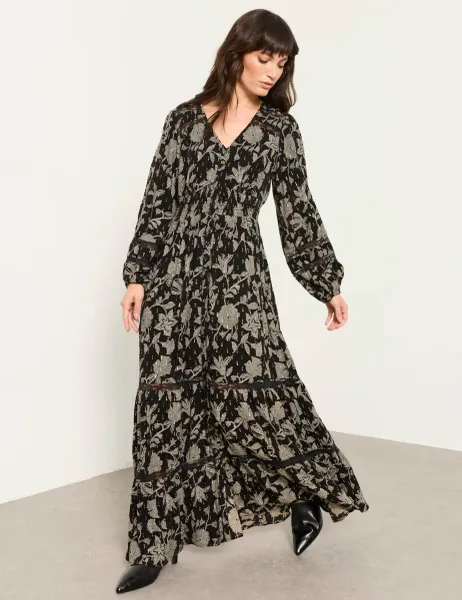 FatFace Jacquard Floral V-Neck Maxi Waisted Dress Black Mix