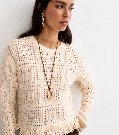 Women's Oatmeal Cotton Rich Square Cut Out Fringed Jumper