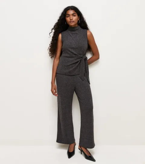 Women's Petite Dark Grey Soft Touch Sleeveless Tie Waist Top