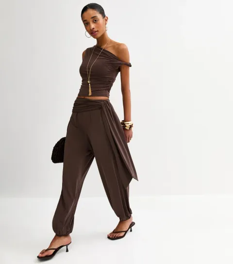 Women's Dark Brown Tie Waist Tapered Trousers