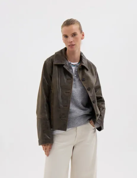 Leather Distressed Oversized Short Jacket Medium Brown