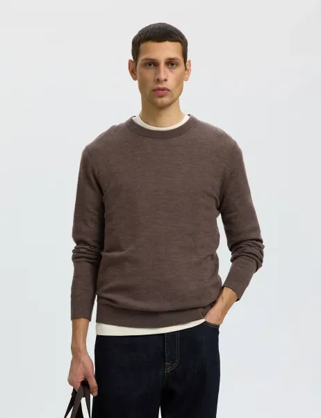 Selected Pure Merino Crew Neck Jumper Brown
