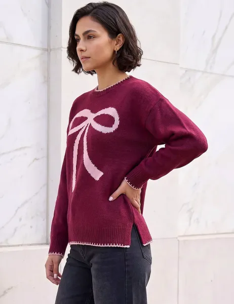 Roman Crew Neck Stitch Detail Jumper Burgundy Mix