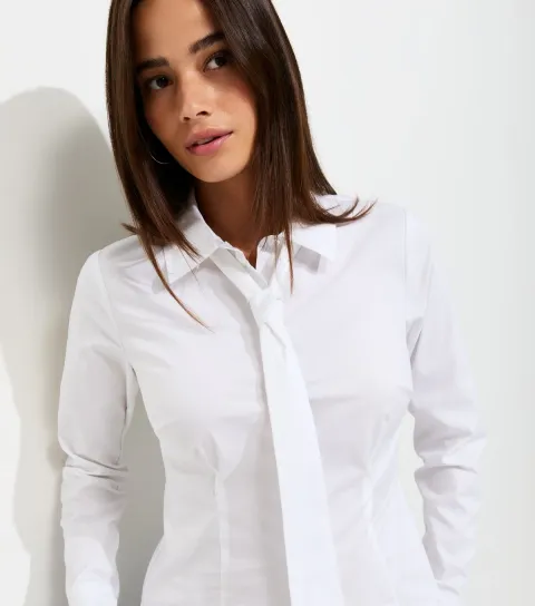 Women's White Cotton Rich Tie Neck Fitted Shirt