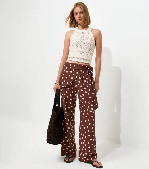 Women's Brown Polka Dot Tie Waist Wide Leg Trousers