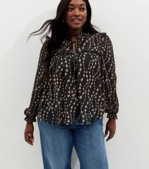 Women's Plus Size Black Floral Chiffon Tie Neck Blouse Curves
