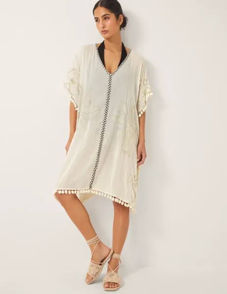 Monsoon Pure Cotton Printed V-Neck Kaftan Ivory