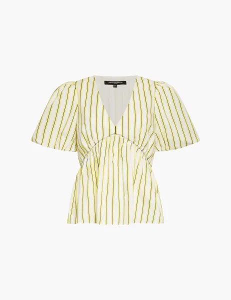 French Connection Pure Cotton Striped V-Neck Peplum Top Yellow Mix