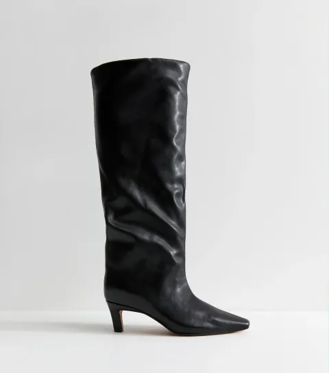 New Look Women's Black Faux Leather Slouchy Pointed Toe Knee High Boots Vegan