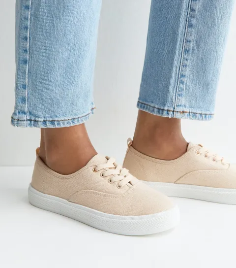 Women's Off White Cotton Canvas Flat Lace Up Trainers Vegan