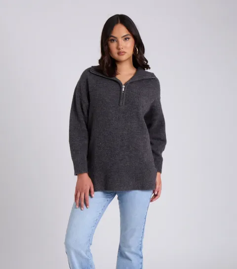 Women's Dark Grey Half Zip Oversized Jumper