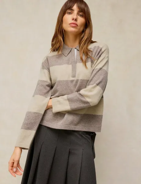White Stuff Pure Cashmere Printed Collared Jumper Natural Mix