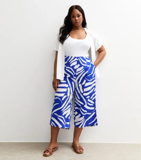 Women's Plus Size Blue Abstract Print Cropped Trousers Curves