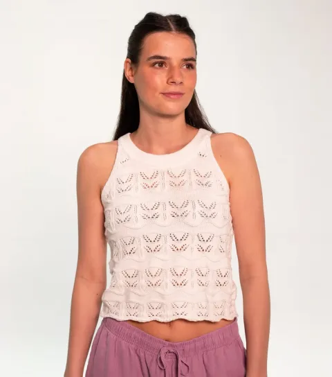 Women's White Cotton Pointelle Vest Top