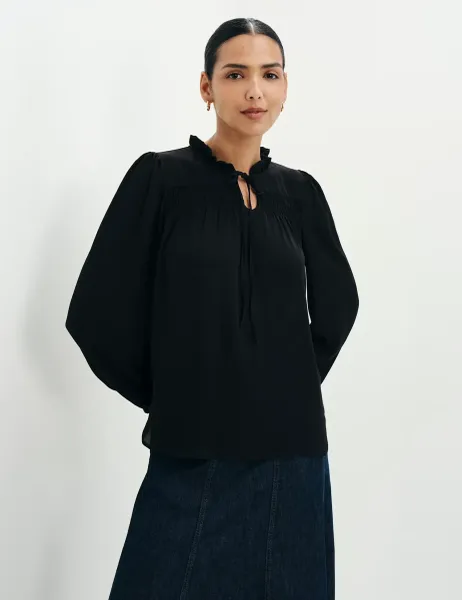 Finery London Shirred Tie Neck Blouse Black