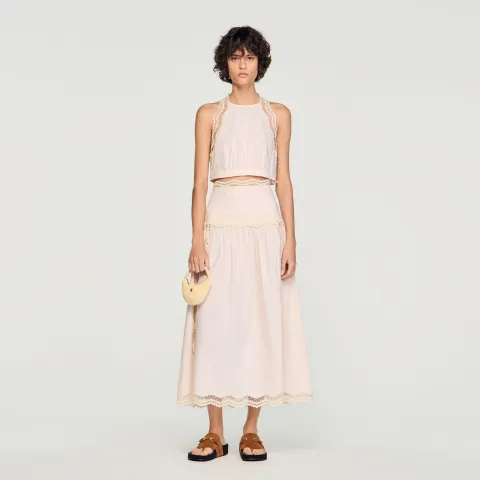 Cotton crop top with lace trim