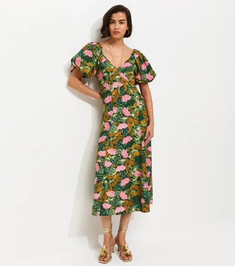 Women's Green Lotus Print Puff Sleeve Midi Dress