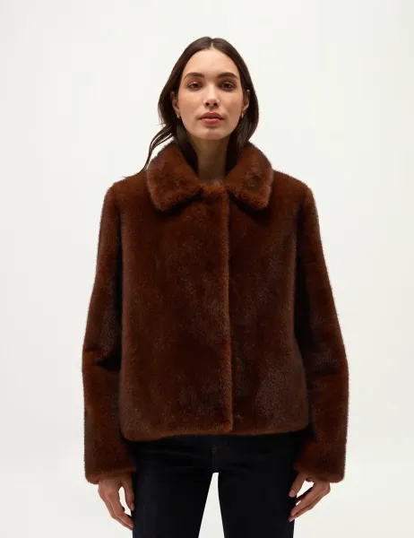 Hobbs Faux Fur Collared Neck Cropped Coat Brown