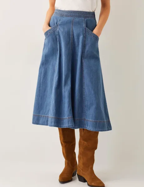 Monsoon Denim Seam Detail Midi Skirt Blue Denim