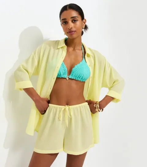 Women's Light Yellow Crinkled Drawstring Beach Shorts