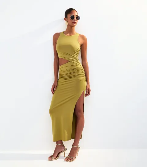 Women's Olive Jersey Ruched Cut Out Midi Dress