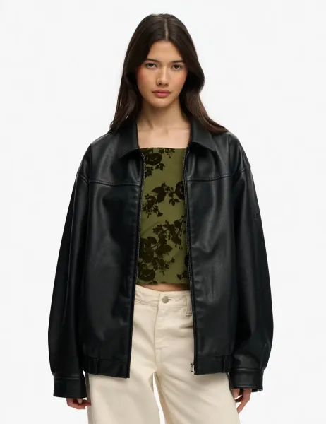 Faux Leather Collared Bomber Jacket Black