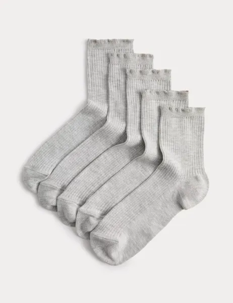 Marks & Spencer 5 Pack Supersoft Ribbed Quarter Socks Grey Marl