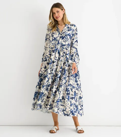 Women's Blue Floral Print Shirt Dress