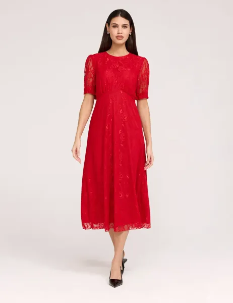 Finery London Floral Lace Puff Sleeve Midi Skater Dress Red