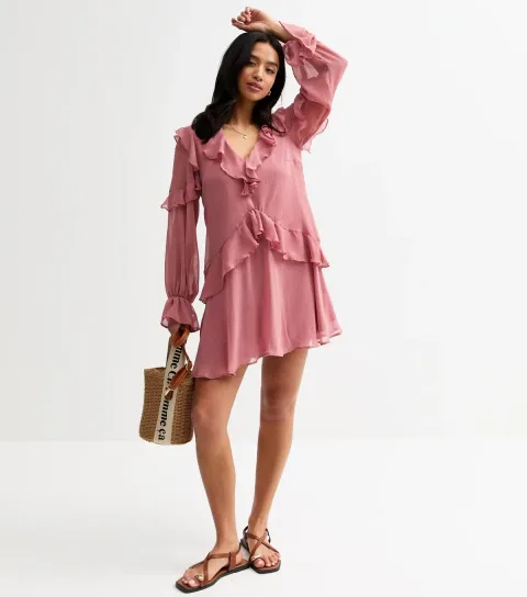 Women's Petite Pink Ruffle Trimmed Mini Dress
