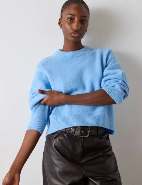 Whistles Wool Blend Crew Neck Curved Hem Jumper Pale Blue