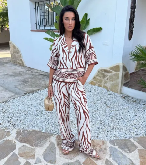 Women's Cream Abstract Print Wide Leg Trousers