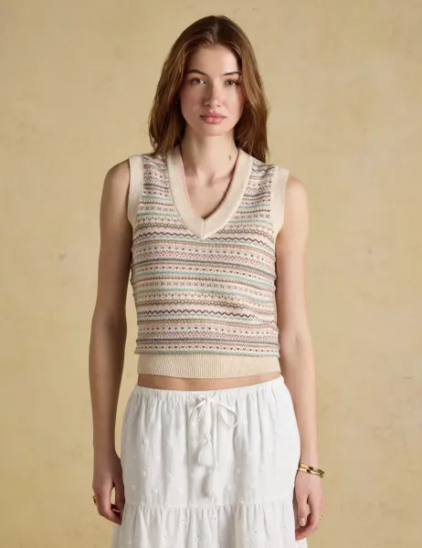Joules Cotton Rich Fair Isle Knitted Vest with Wool Natural Mix