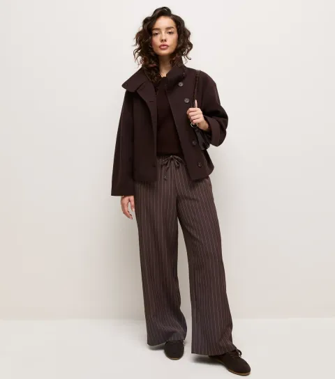 Women's Petite Brown Woven Pinstripe Wide Leg Tailored Trousers