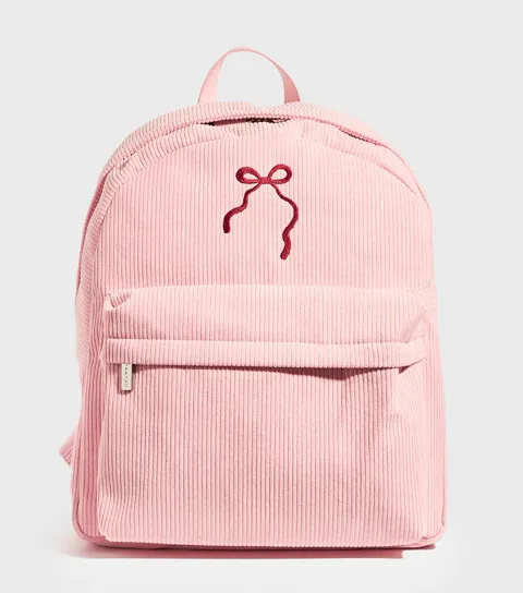 Pink Bow Embroidered Corduroy Backpack