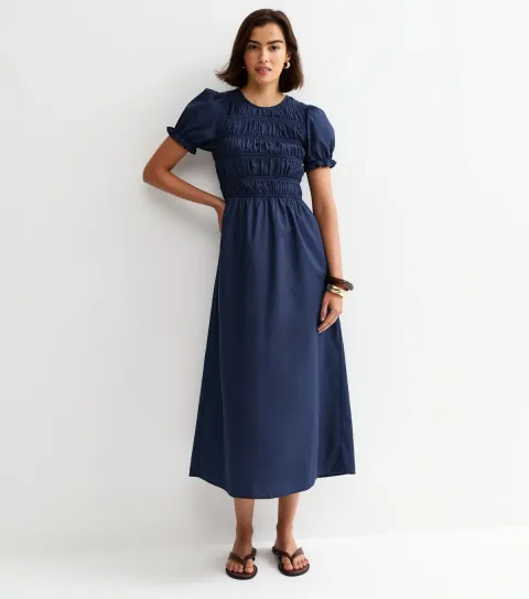 Women's Navy Shirred Poplin Midi Dress