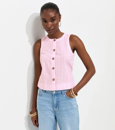 Women's Pink Cotton Seersucker Stripe Button Front Sleeveless Top