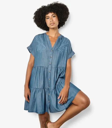 Women's Blue Chambray Embroidered Tiered Mini Dress