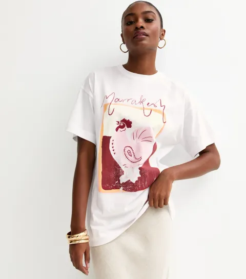 Women's White Rooster Print Oversized Tee
