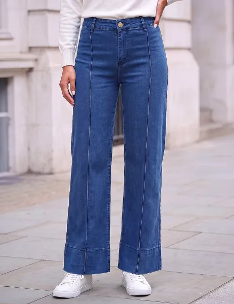 Roman Petite Cotton Rich Mid Rise Seam Detail Straight Leg Jeans Indigo