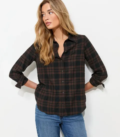 Women's Tall Brown Cotton Rich Checked Long Sleeve Shirt