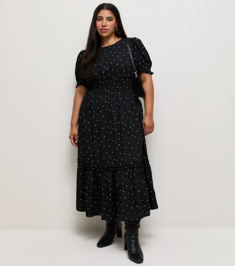 New Look Women's Plus Size Black Polka Dot Crepe Short Sleeve Midi Dress Curves