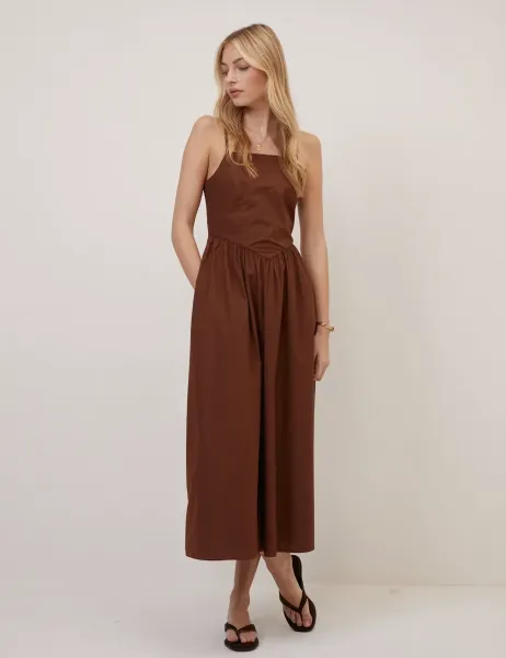 Nobody's Child Pure Cotton Strappy Midi Waisted Dress Brown