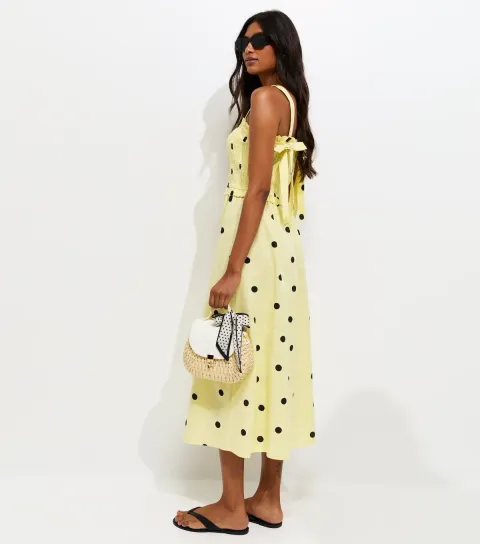 Women's Yellow Spot Print Shirred Bow Back Strappy Midi Dress